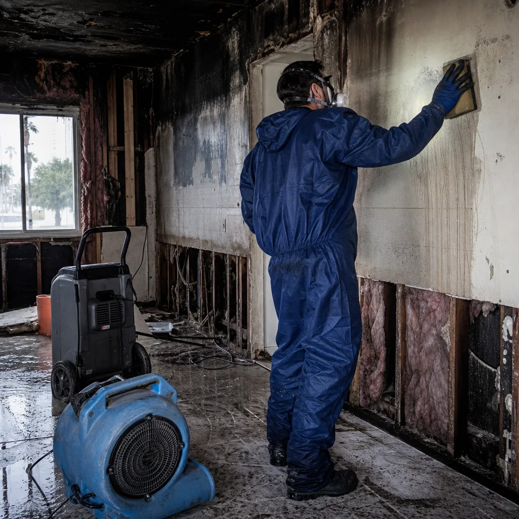Restoration professional cleaning soot and smoke damage from a fire-damaged wall.