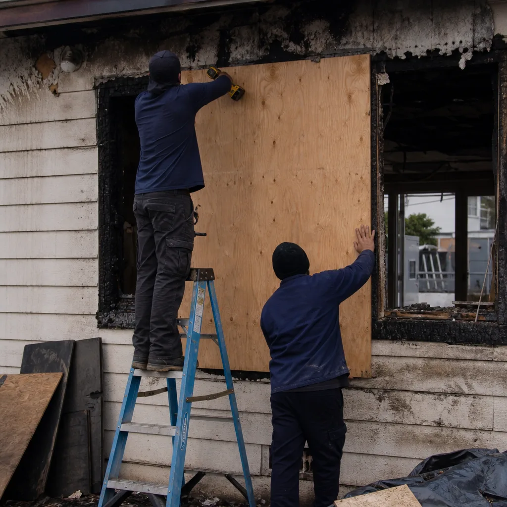 Professional contractors boarding up a window following fire and smoke damage.