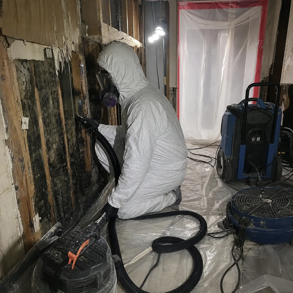 Technician in protective suit using equipment for professional mold remediation services