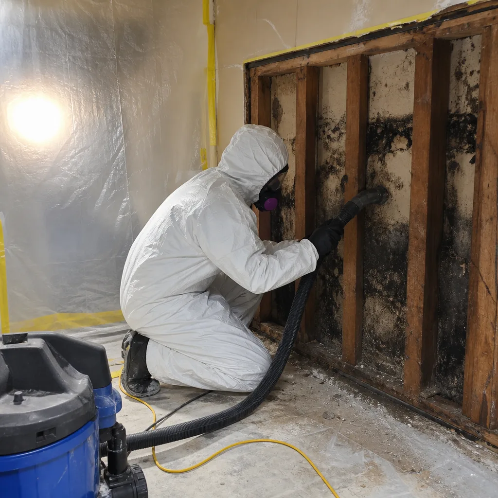 Technician in protective gear performing professional mold remediation on wall studs