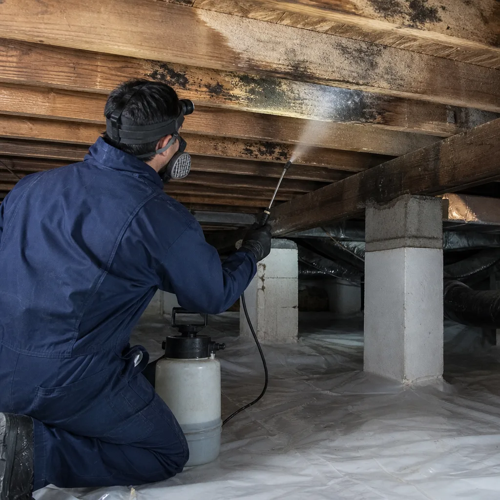 Technician performing professional mold remediation in a crawl space
