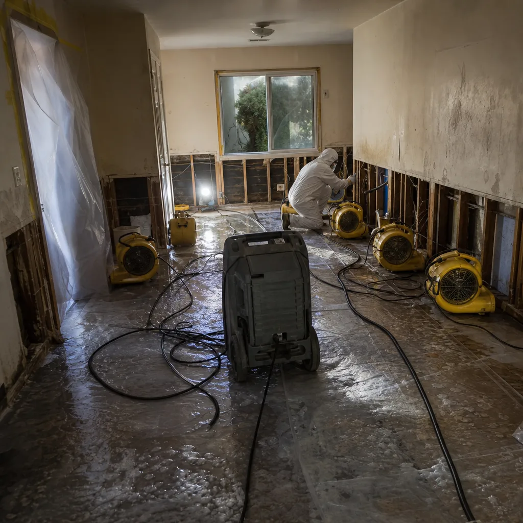 Water damage restoration professional using industrial drying equipment in a residential room