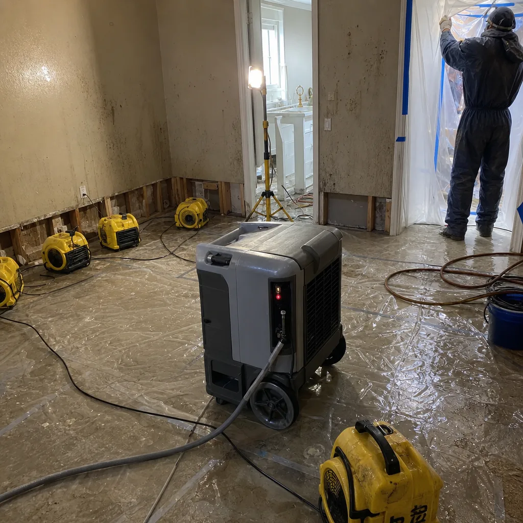 Water damage restoration professional using industrial drying equipment in residential room