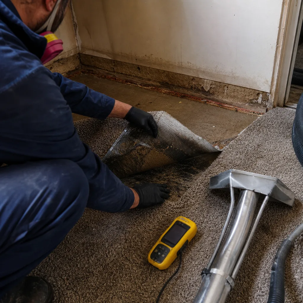 Technician inspecting water-damaged carpet with moisture meter and extraction equipment